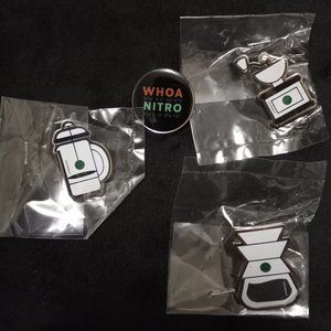 Four Starbucks Pins Frenchpress, Grinder, Pour Over and Whoa Nitro Promo Pins.